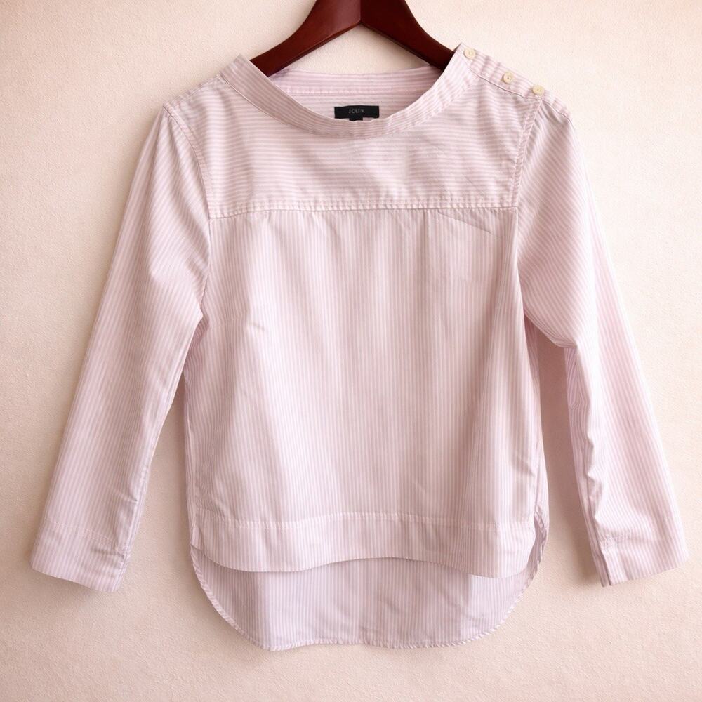 J Crew Pink Stripe Mock Neck Cotton Popover Blouse Button Shoulder Sz 4 Academia